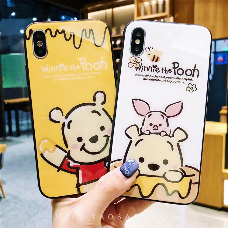 

For redmi note 7 case Tempered Glass Winnie Pooh Bear Cute Cartoon anime black soft silicon case for xiaomi redmi note 7 5