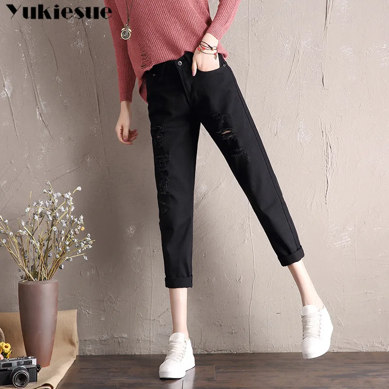 2018 Winter Ripped Jeans Woman High Waist Boyfriend Jeans For Women Plus Size Blue Black White Denim Mom Jeans Pants Trousers