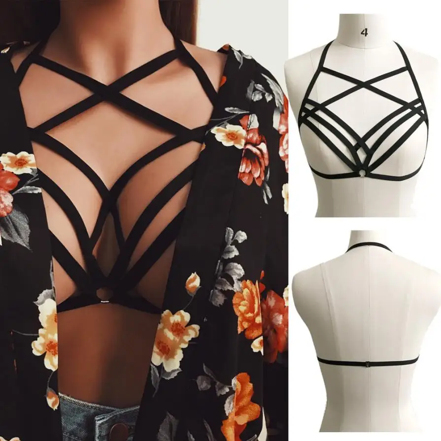 Gothic Women Sexy Crop Tops Women Hollow Out Elastic Cage Bra Bandage Strappy Halter Bra Bustier Cupless Harness Crop Tops