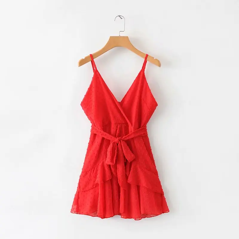 

2019 Women Red Jacquard Ruffles Bow Lace-up Beach dress Summer Sexy V neck Backless Mini Strap dresses Female vestidos#M030