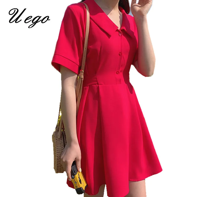 

Uego Fashion Peter pan Collar Chiffon Sweet Girl's Summer Dress Korea Design Prairie Chic Small Red Dress Women Casual Dress