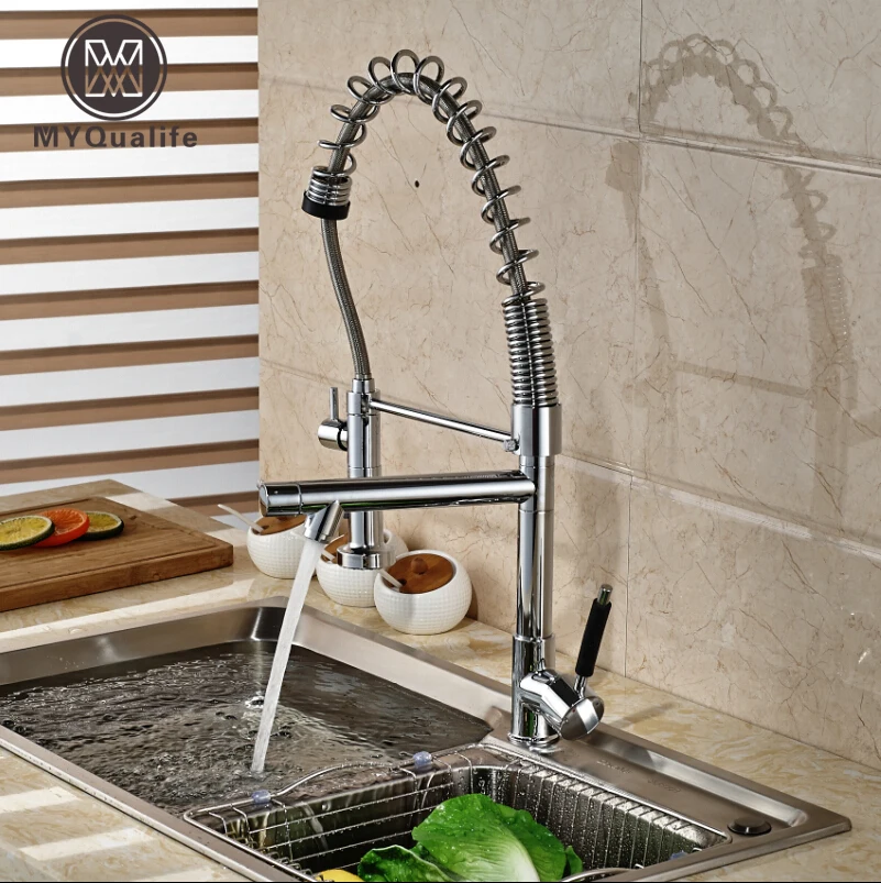 

Chrome Finished Pull Out Spring Kitchen Faucet Deck Mount Swivel Spout Vessel Sink Mixer Tap Dual Sprayer