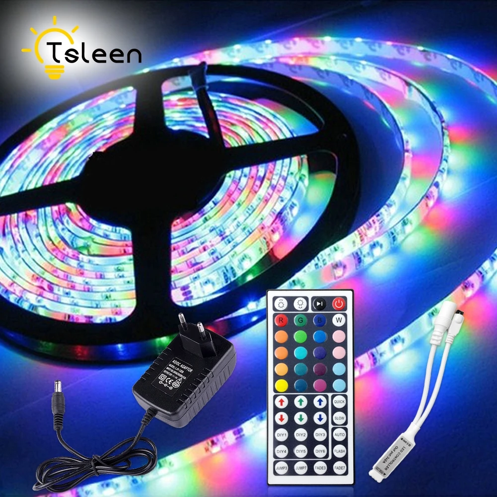

TSLEEN 5050 3528 SMD RGB LED Strip Light 5M 300 LED Light 12V RGB Leds Tape Diode Ribbon Flexible Controller DC 12V Adapter Set