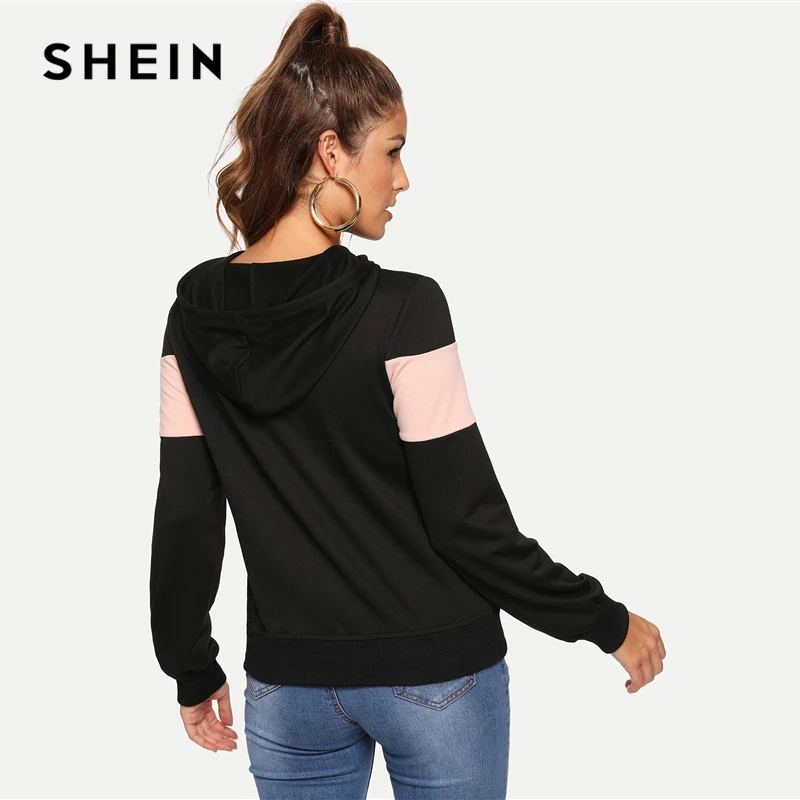  SHEIN Black Casual Hooded Drawstring Color Block Pocket Minimalist Pullovers Sweatshirt Autumn Prep