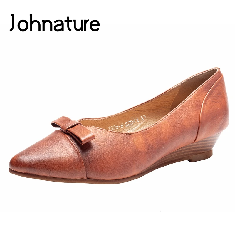 

Johnature 2019 Spring/Autumn New Genuine Leather Pointed Toe Casual Retro Wedges Butterfly-knot Slip-on Women Shoes Pumps