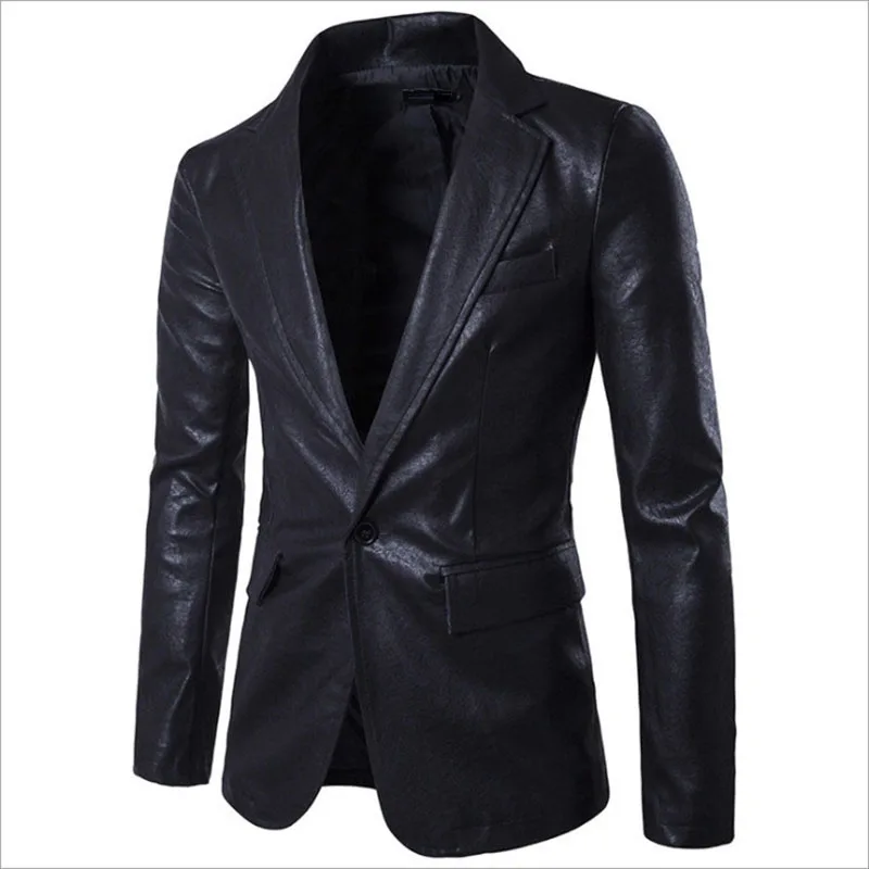 Новинка PU кожа блейзер Для мужчин Slim Fit одной кнопки кожаная куртка модная