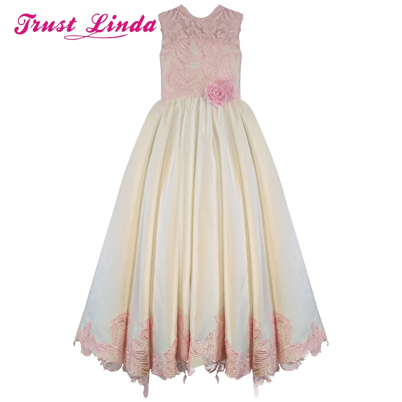 Красивое кружевное платье с аппликацией для маленьких девочек трапециевидной формы, длинное платье с цветочным узором для девочек