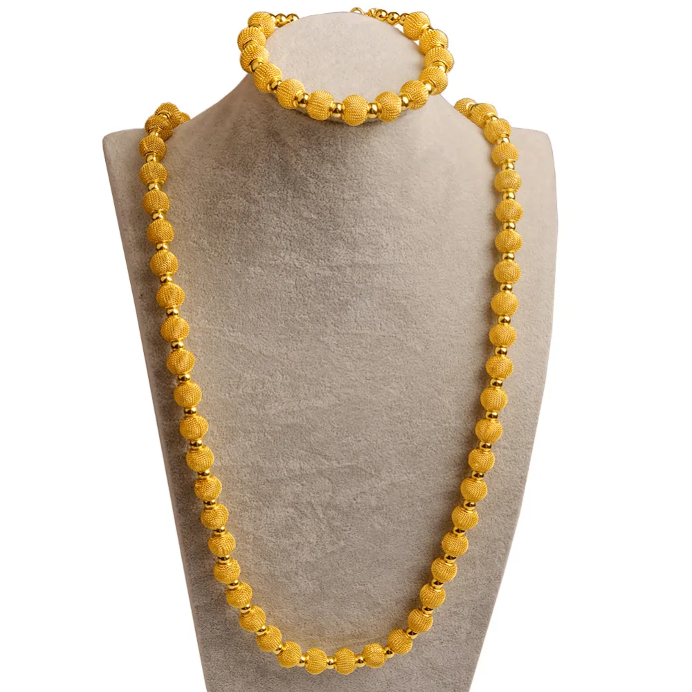 

Gold Color Beads 82cm Necklace 24cm Bracelets Fashion Ball Party Jewelry sets for Women Ball Size 1.2cm #J0930