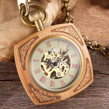 

Antique Wood Case Skeleton Hand-winding Mechanical Pocket Watch Red&Wood Color Open Face Men Women Watch With FOB Chain Best Gif
