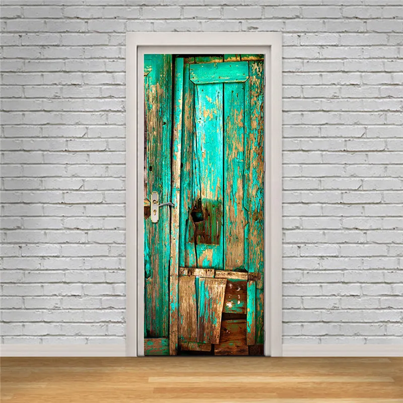 New 3D Wall Stickers Green Old Wooden Door Stickers Bedroom Doors