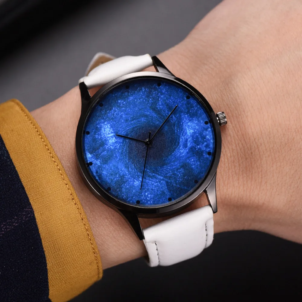 

New Women Fashion Romantic Luxury Universe Dark Blue Star Clock Gift Leather Belt Watch Ladies Quartz WristWatch Kol Saati #B