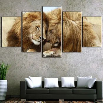 

Canvas Prints Painting Modular Pictures Home Decoration Wall Art Framework 5 Piece HD Print Love Between A Pair Of Lions Posters