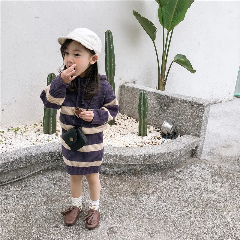 

2019 Spring New Arrival korean style cotton clothing sets striped hooded sweater with skirt fashion suit for cute sweet girls