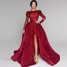 Темно-красные вечерние платья с бисером с длинными рукавами robe de soiree abiye боковое вечернее платье с Разрезом Вечернее Платье Longo