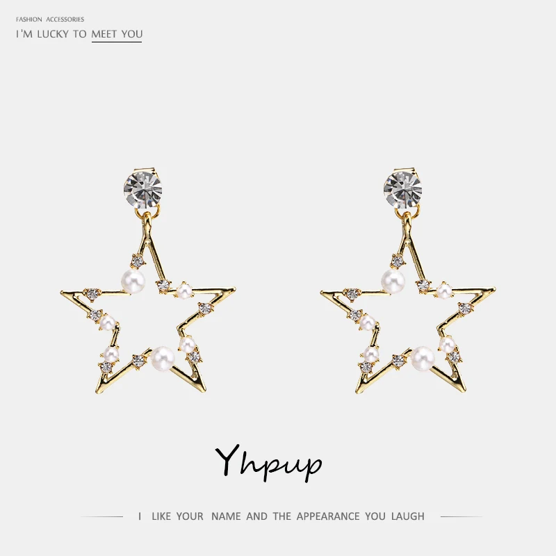 

Yhpup Trendy Copper Luxury Rhinestone Crystal Dangle Earrings Star Geometric Imitation Pearls Brincos for Female Party Jewelry