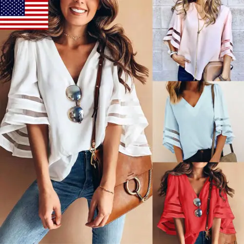 

Fashion Women Boho Women Casual Loose V-Neck Three Quarter Sleeve Solid Flare Sleeve T-Shirts