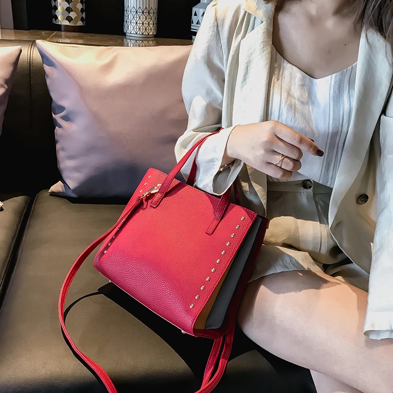 Разноцветная женская сумка-тоут с рюшами, дизайнерская Высококачественная сумка из искусственной кожи, новинка, модная женская сумка через плечо с заклепками