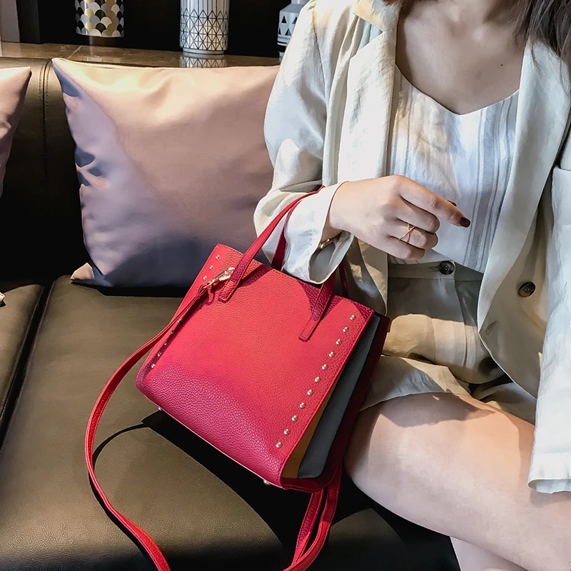 Bolsos de mano de cuero Pu de alta calidad de diseñador de bolso de mano de mujer con pliegues coloridos 2018 nuevos bolsos de hombro con remaches para mujer