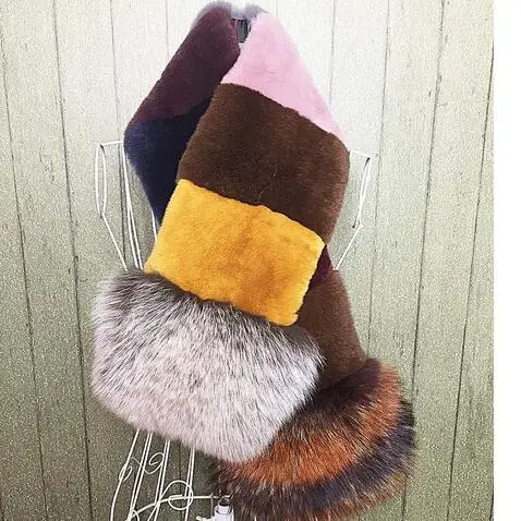 

New arrival real rex rabbit leather fox fur patchwork multicolor scarf square long Japanese style long muffler lady blinger