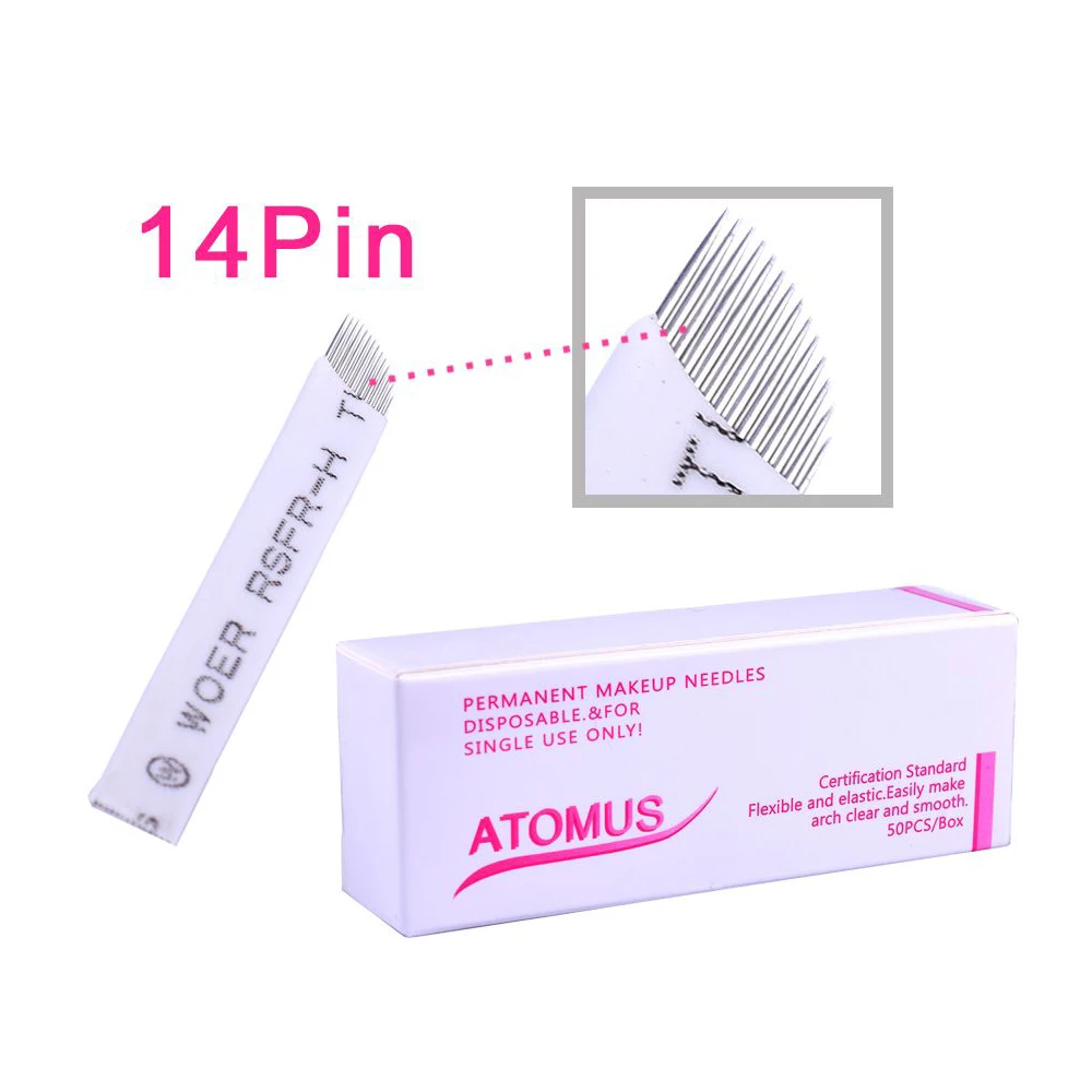 

ATOMAS NEW 50Pcs/box Curve Blade Permanent Makeup Manual Eyebrow Tattoo Blades Microblading Blade 14 Needles Tattoo Needle Set