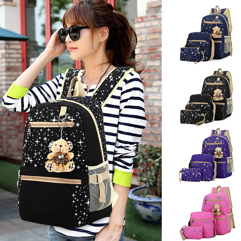 

3pcs/set Women's Backpack School Bags Star Printing Cute ladies Bag With Bear Backpacks For Teenagers Girls mochila feminina #48