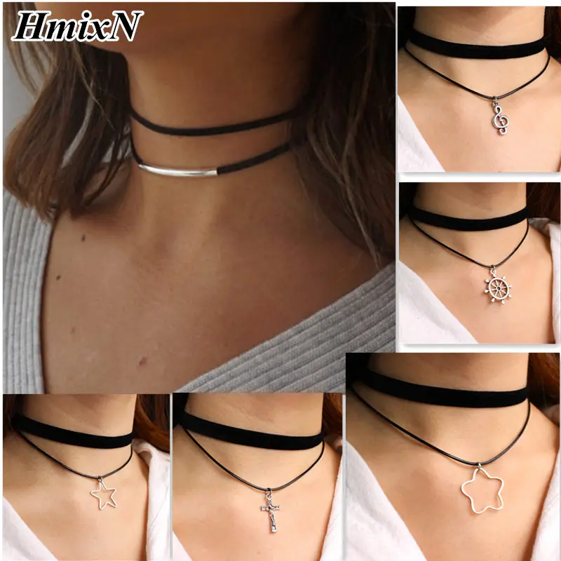 

Simple Geometric Double Layers Chokers necklaces Punk Hollow Black leather Suede Collar Chocker Necklace Collier femme