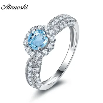 

AINUOSHI Natural Blue Topaz Halo Ring SONA Diamond 0.6ct Round Cut Gems Engagement Wedding Ring 925 Sterling Silver Ring Jewelry