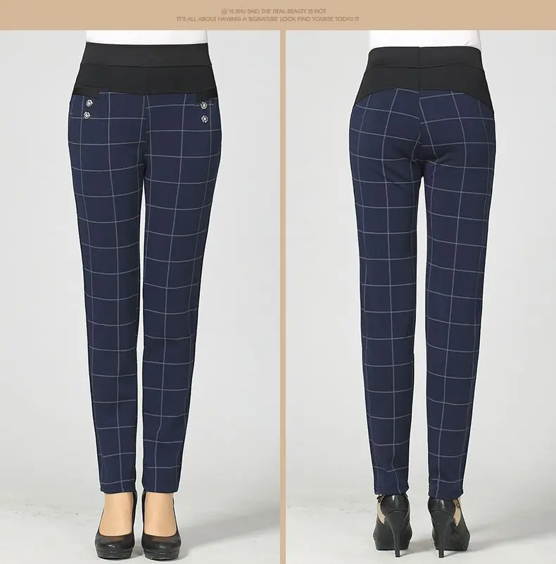 Woman Casual Pant Navy Blue Green Black Plaid Trousers Women Spring Autumn Winter Trouser High Waist Elastic Band Pantalonese Mujer  (10)