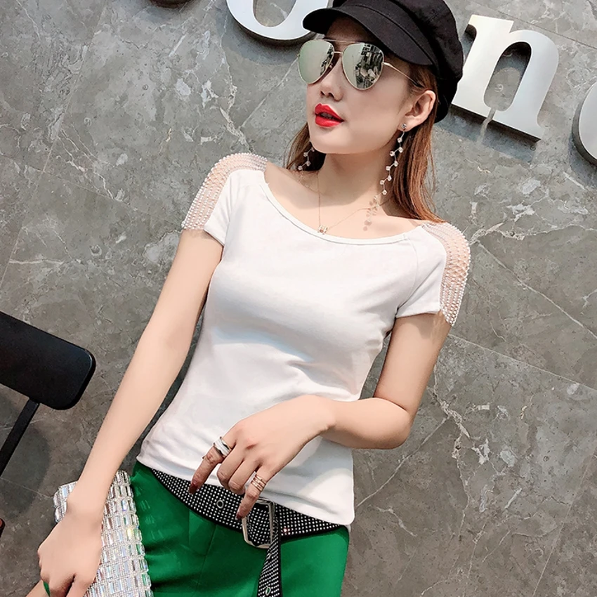 

Sexy Hollow Out O-Neck Sequined Pullover Tshirt Spring Summer Women Short Sleeve Slim Top Shirt Clothes Camiseta Mujer T93724