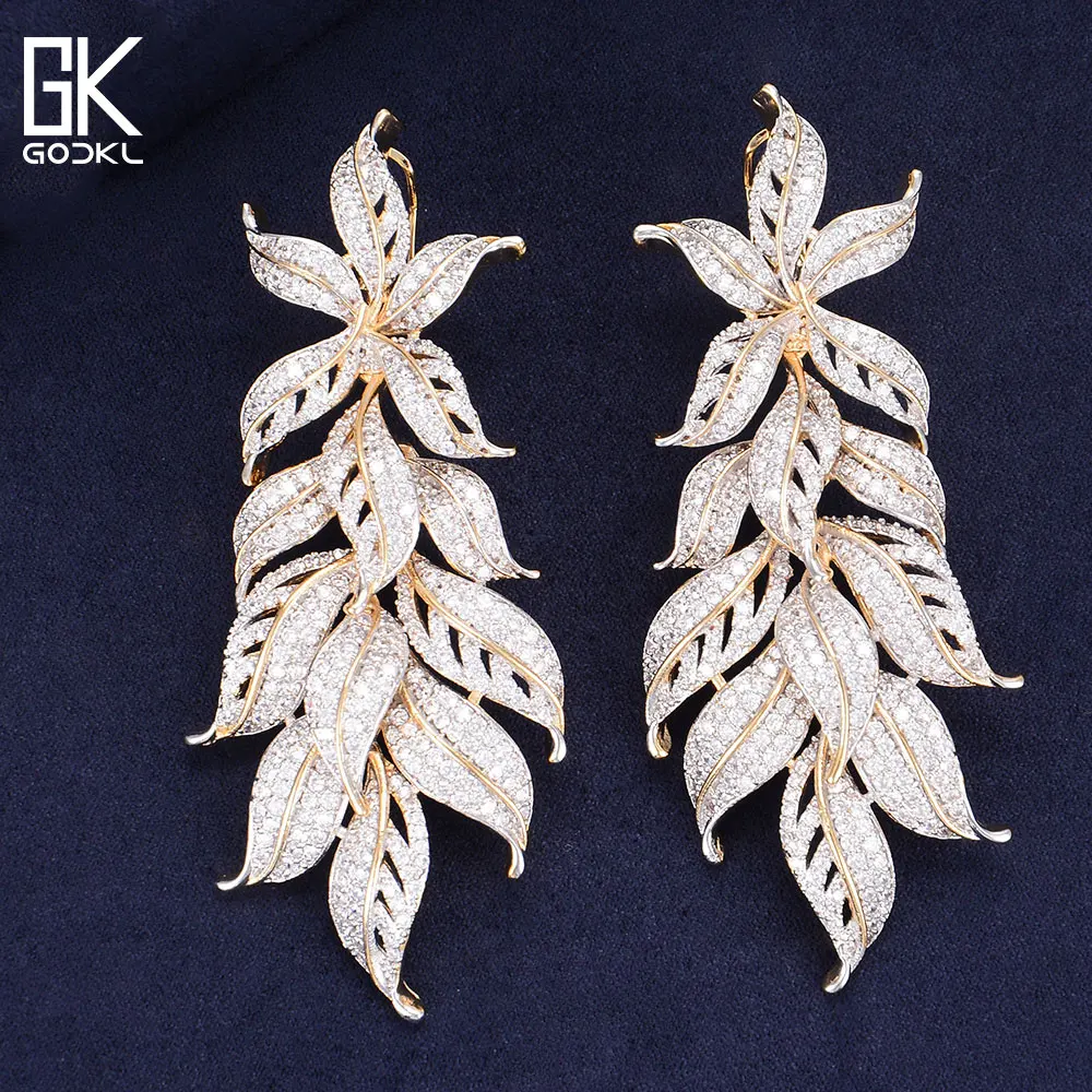 

GODKI 78mm 2Tone Mixed Leaf Full Cubic Zirconia CZ Engagement Wedding Party Nightclub Silver Statment Dressing Earring Stud