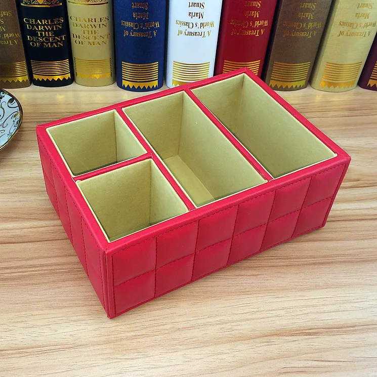 

4-slot fashion home office wood leather desk sundries makeup cosmetics troller stationery storage box case holder pink 253F