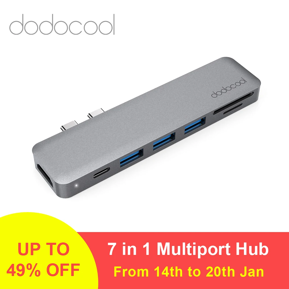 

dodocool 7 in 1 Multiport Hub Dual USB-C 4K Video HD Output Port SD/TF Card Reader Type-C Port USB Hub for MacBook Pro Galaxy S9