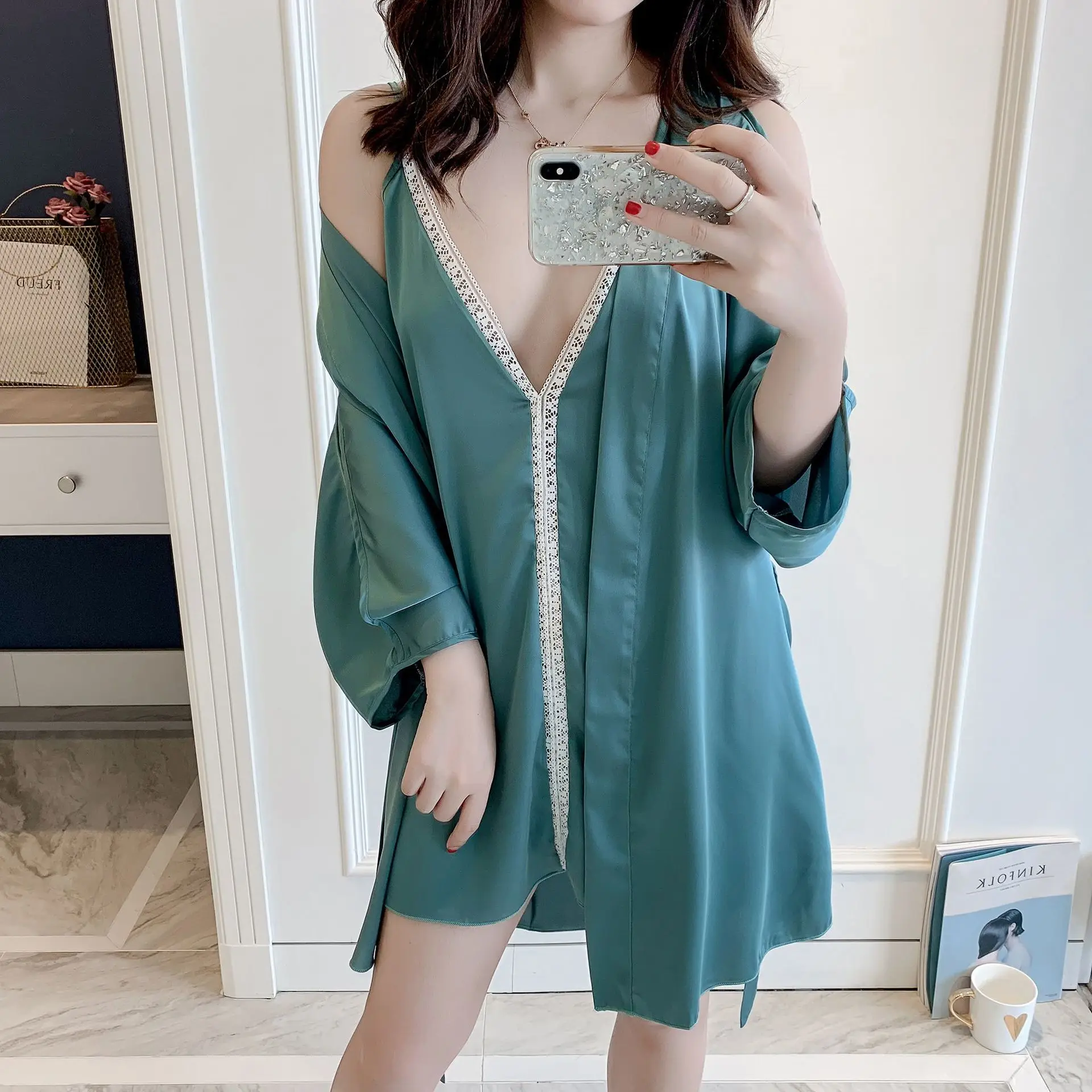

Summer New Ice Silk Thin Women Robe Set Sexy Lace Women Lingerie Twinset Deep V Spaghetti Strap Cardigan Pijama