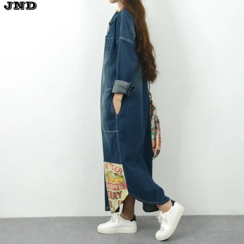 Free Shipping 2016 New Fashion Denim Long Coat For Women Plus Size Loose Jeans Outerwear Long Sleeve Dresses Single-breasted