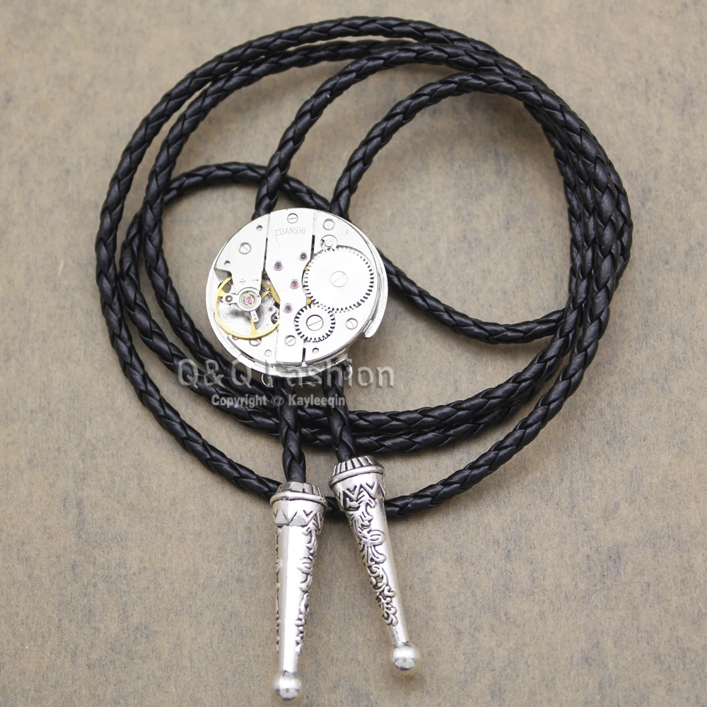 

Men Silver Watch Clock Movement Steampunk Western Necklace Bolo Bola Neck Tie Line Dance High Good Quality Jewelry