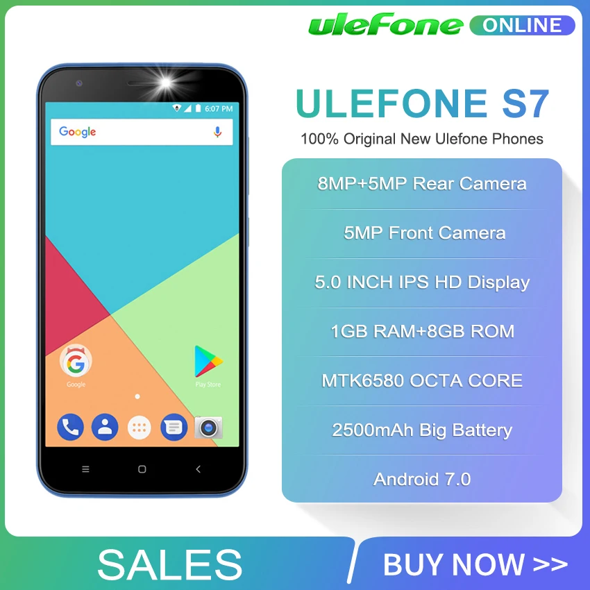 Ulefone S7 5 0 дюймов HD 3g WCDMA смартфон Двойная камера заднего вида MTK6580 четырехъядерный