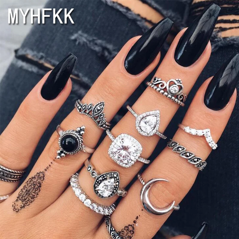 

MYHFKK2019 hot retro women's ring punk style silver rhinestone flower-shaped wedding ring statement jewelry retro JZ029