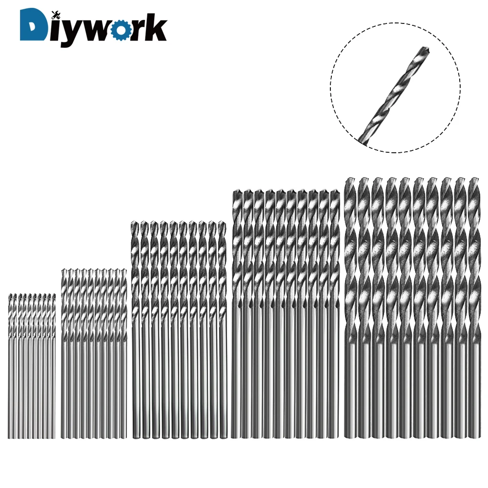  DIYWORK 50 Pcs Power Tool Accessories Titanium Coated Drill 1/1.5/2/2.5/3mm HSS 4241 High Speed Ste