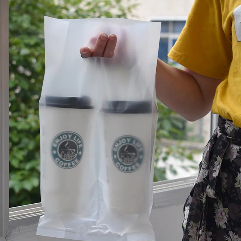 50pcs Disposable Cup Bags Coffee Doggy Bag Take-away Drinking Packing Tools Pastic Double Cups Carrier Bottle Handbag