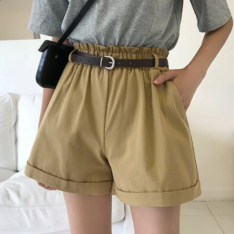 

Casual Elastic Band High Waist Crimping Women Short Pants With Belt Summer College Style Wide Leg Solid Color Ladies Shorts