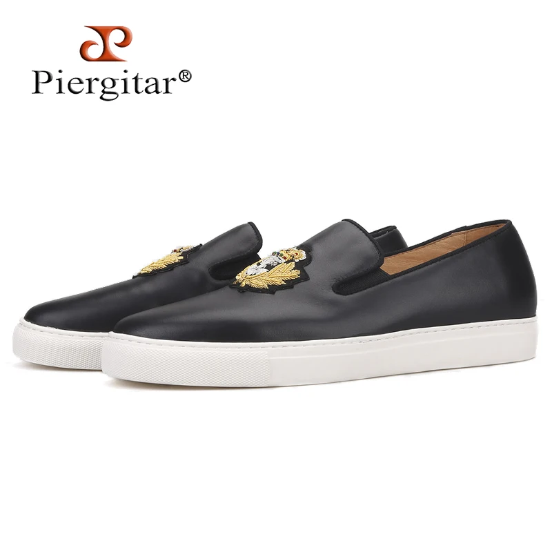 US $128.00 Piergitar 2020 New Black Colors Genuine Leather Men Sneakers Handcrafted Indian Silk Embroidery Mens Casual Shoes White Bottom