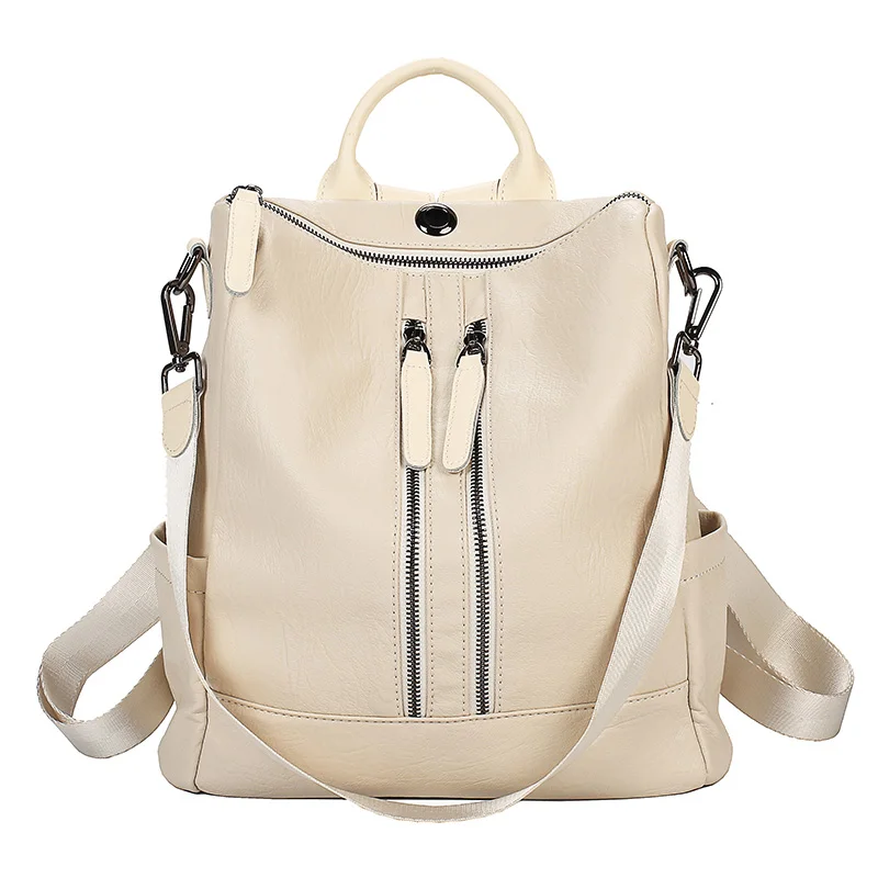 Double Zipper Beige Женский рюкзак mochila feminina, повседневный многофункциональный женский кожаный рюкзак, женская сумка через плечо, сумка для путешествий - Цвет: Double Zipper Beige