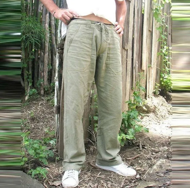 Повседневные брюки для мужчин, мешковатые брюки больших и высоких с карманом beig размера плюс, брюки из хлопка и льна, свободные удобные брюки ouc478 - Цвет: Зеленый