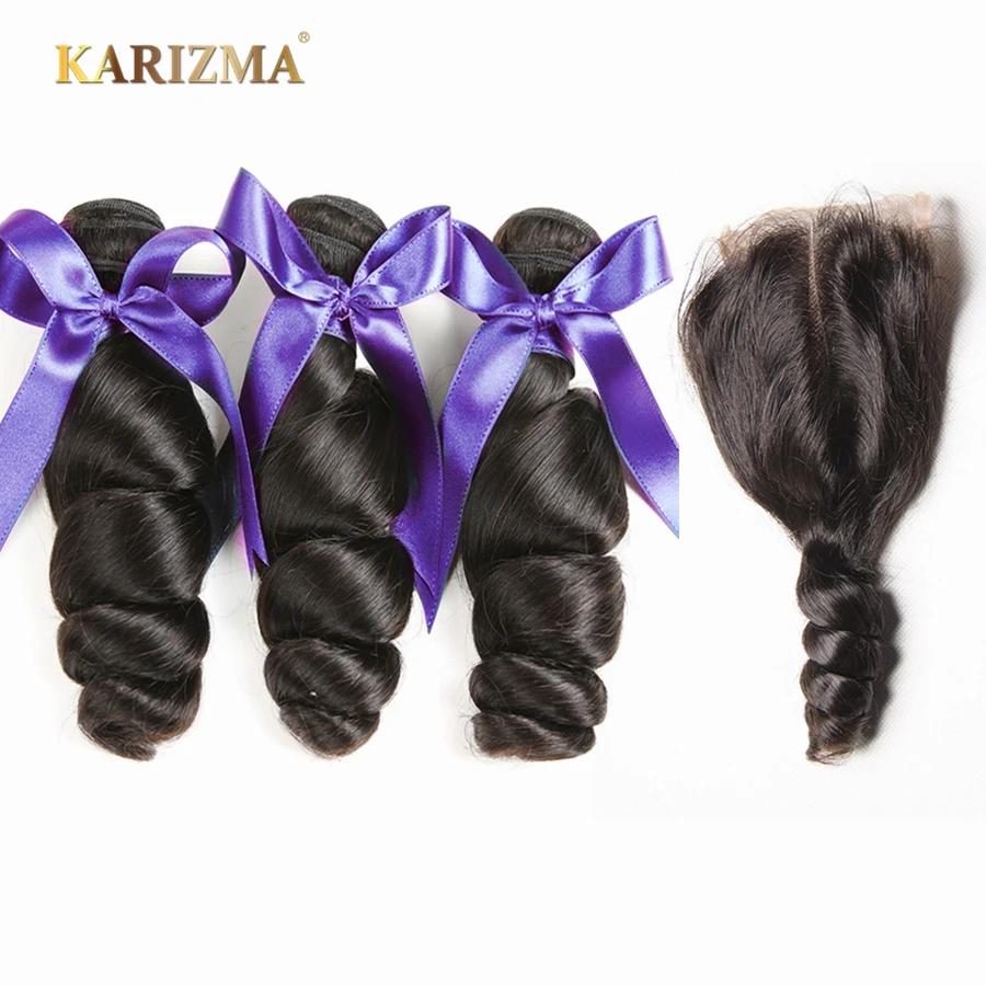 Karizma глубокая волна Кружева Закрытие 4*4 Бесплатный Часть Natural Цвет 10-18 дюйм(ов) 100% Remy натуральные волосы цельнокроеное платье только