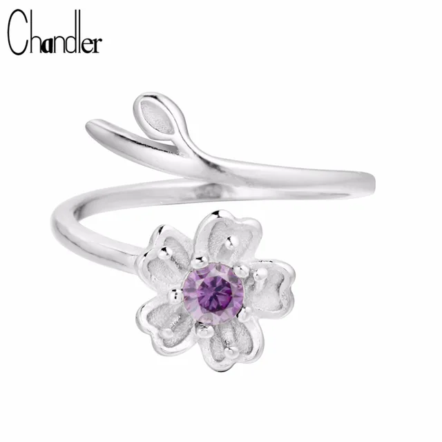 Chandler 925 Sterling Silver Daisy Flower Branch Wrap Rings Adjustable Purple CZ Chandler 925 Sterling Silver Daisy Flower Branch Wrap Rings Adjustable Purple CZ