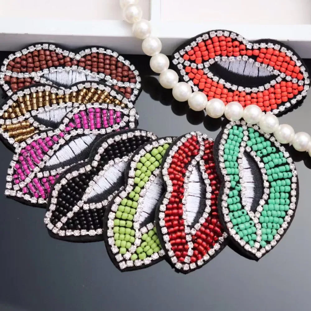 

Multi color hand beaded rhinestone mouth patch clothes bag shoes and hats decoration lip patch clothing DIY accessories