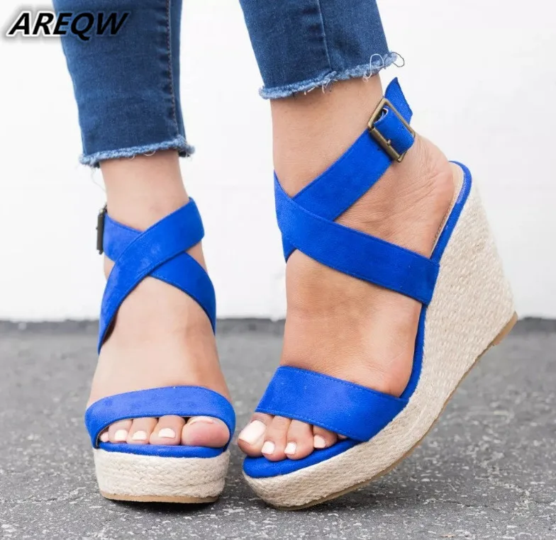 

Women Sandals Platform Bohemian Ankle Strap Straw Platform Wedges Flock High Heels Cover Heel Sandals