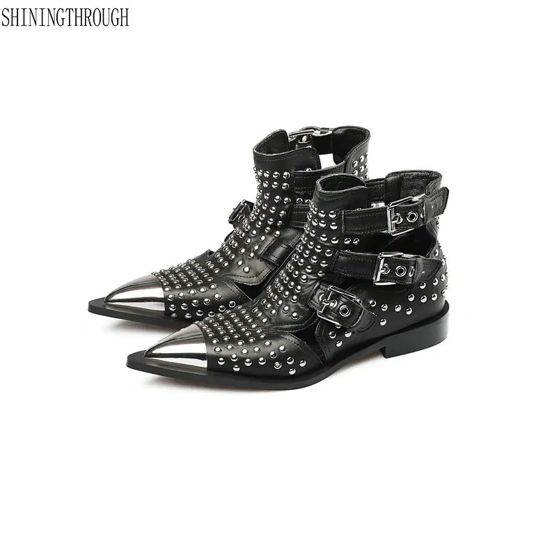

Punk Genuine Leather Boots Women Rivets Square Heels Autumn spring autumn Ankle Boots Sexy Shoes Woman Motorcycle Boots size 43