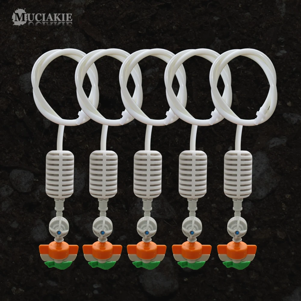 

MUCIAKIE 5 LOTS White Hanging Sprinklers 360 Degrees Misting Spray with Heavy Hammer 4/7MM Hose Garden Greenhouse Irrigation