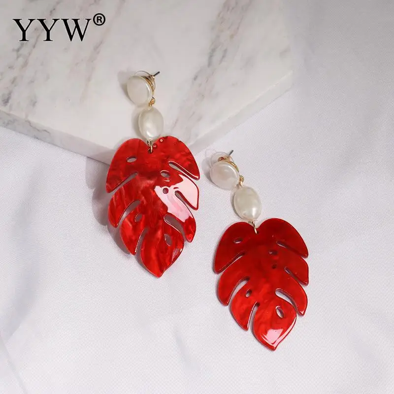

2019 New Fashion Long Dangle Resin Red Green Leaves Earrings Female Party Jewelry Accessories Acrylic Handmade Earring For Women